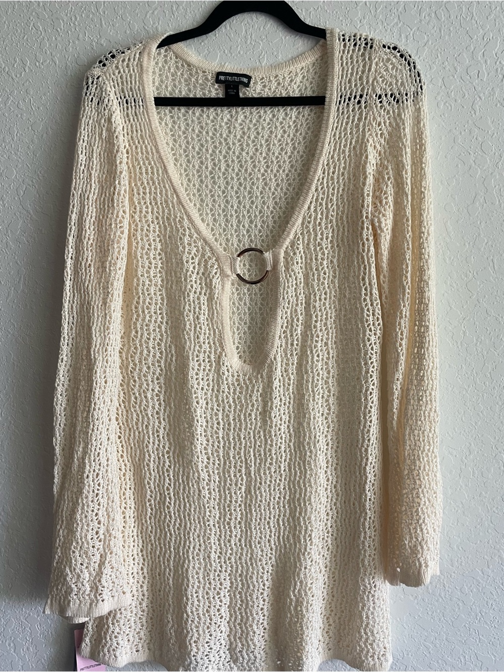 : NWT PrettyLittleThing Cream Open Knit O-Ring Beach Cover Up Dress Size Large